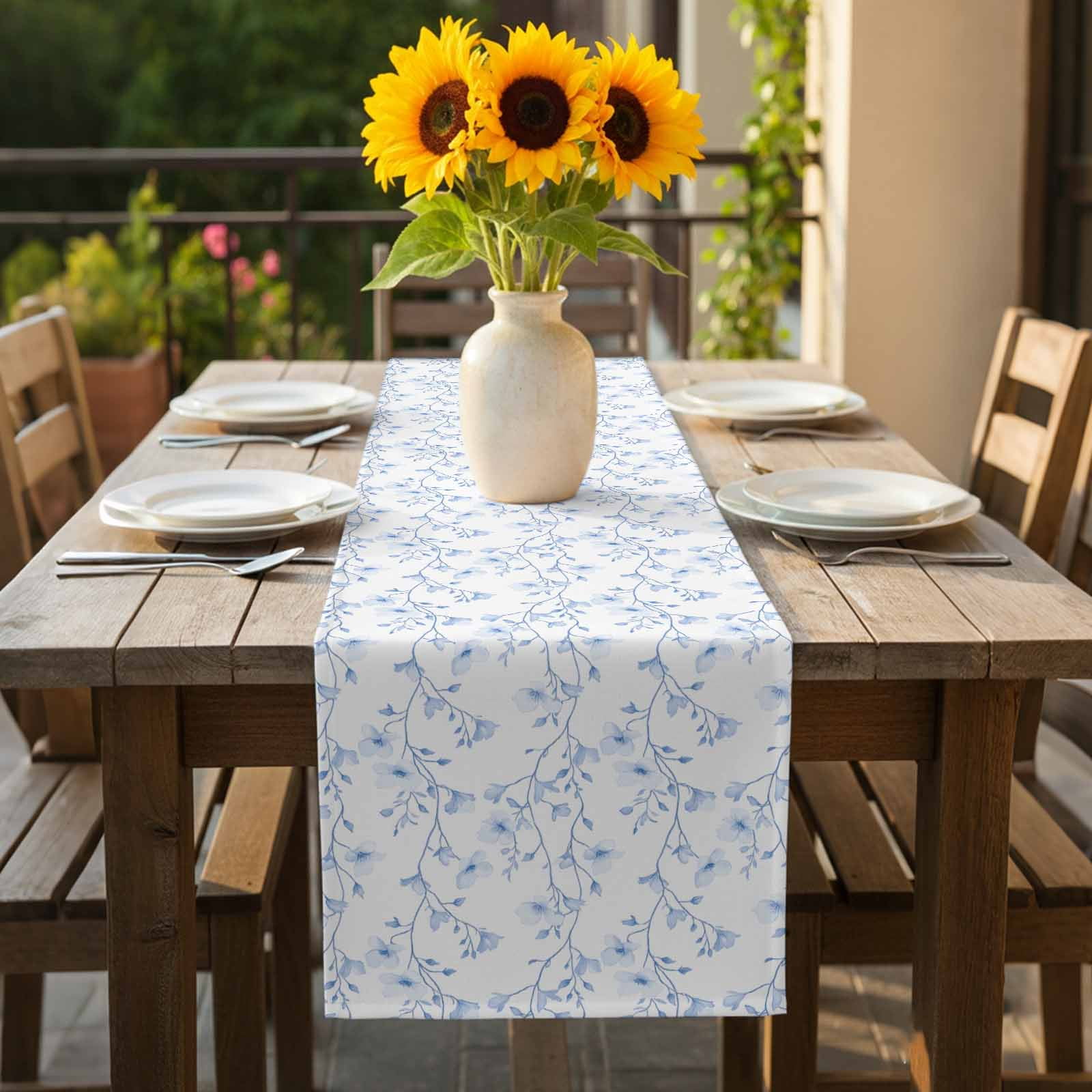 Flowers Table Runner 13x108 inch Branches Cotton Linen Dining Table Runner Ideal for Dresser Kitchen Coffee Tables - Machine Washable
