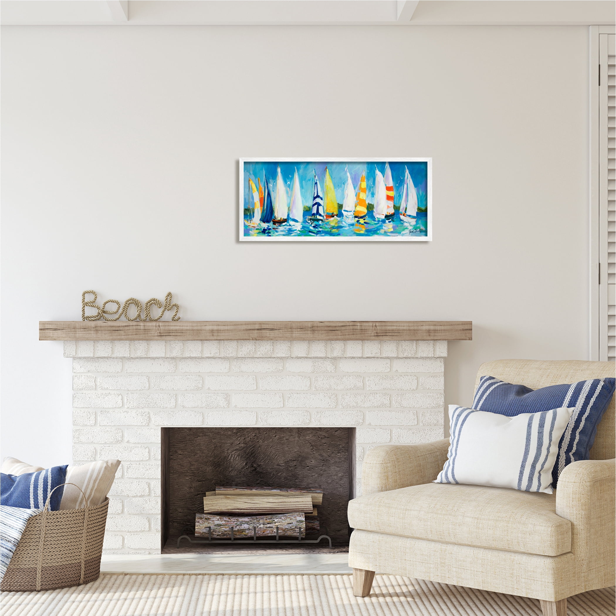 Stupell Industries Regatta Sailboat Fleet Transportation Painting White Framed Art Print Wall Art, 30 x 13