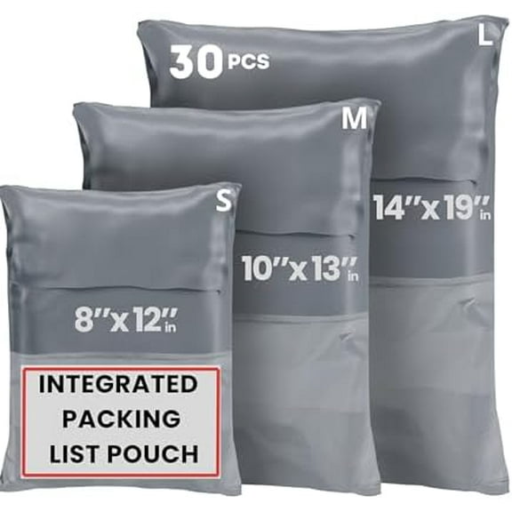 Poly Mailers Shipping Bags (30 Pack) — Self-Seal Plastic Mailing Envelopes, 3 Sizes incl. 8x12, poly mailers 10x13 & 14x19 — Tear & Water-Resistant Plastic Shipping Bags for Clothing Not Padded, Grey