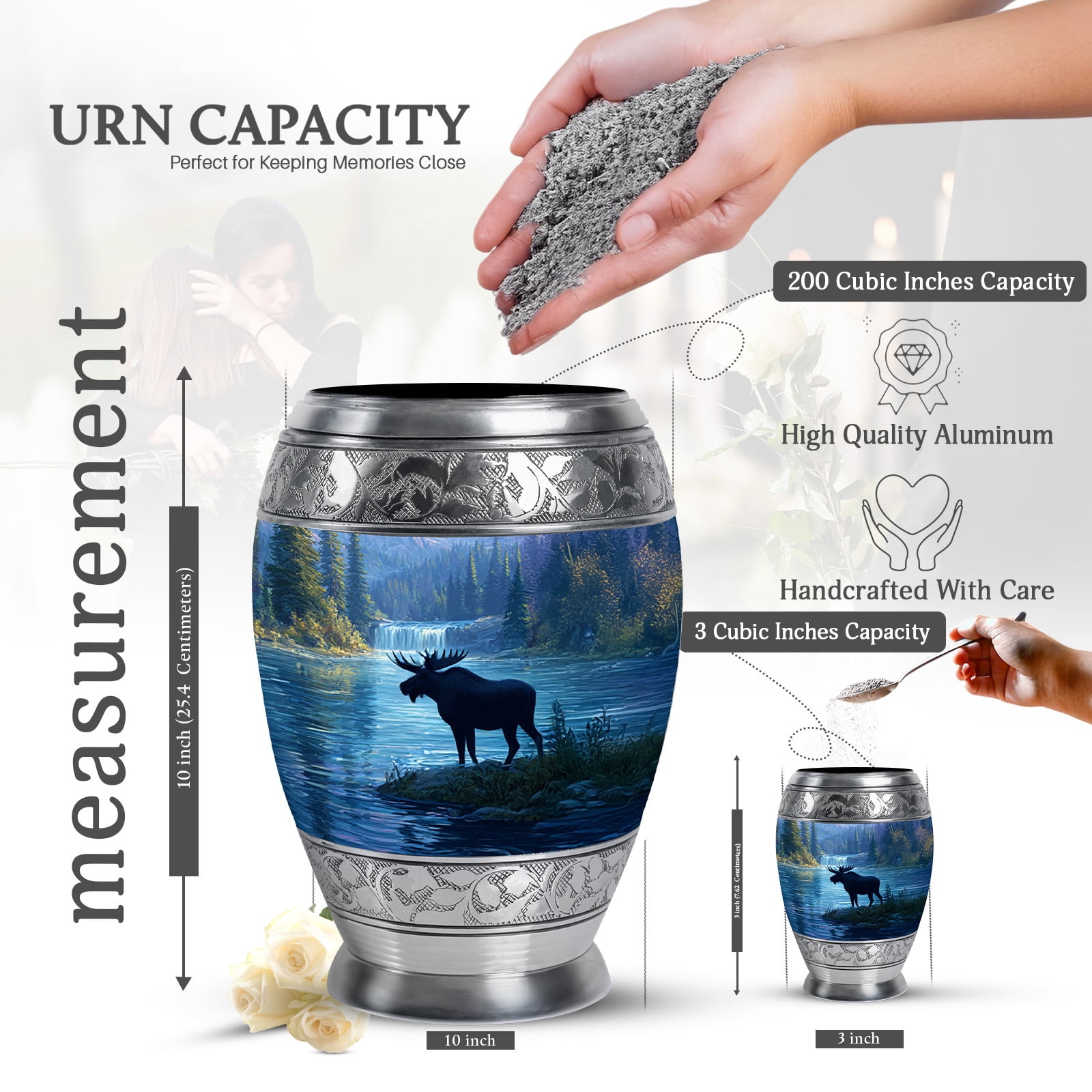 KARYLIZ Moose Urns for Human Ashes - Mini Keepsake Cremation Urns for Human Ashes Female & Male - 200 Cubic Inches - Memorial Urn For Women & Men - Funeral Urn Mom - Combo 10 Inch & 3 Inch, Pack of 5