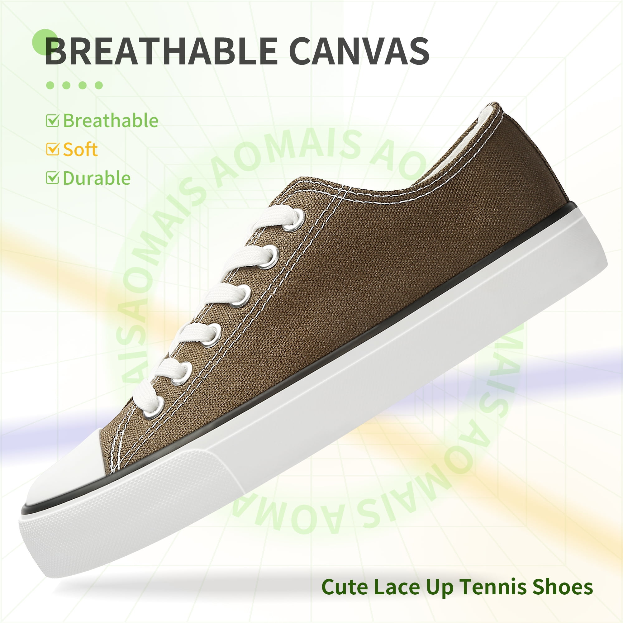 AOMAIS Womens Canvas Fashion Sneakers Classic Low Top Fabric Shoes Casual Walking Canvas Flats Cute Lace Up Tennis Shoes for Lady(Brown US8)