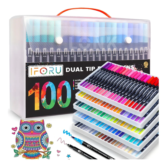 Plumones Xtellar multicolor 100 Colores Doble Punta Pincel Tinta al Agua Para Colorear