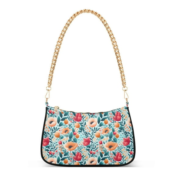 Womens Chain Shoulder Bag Floral Flowers Classic Tote Handbags Fashion Clutch Hobo Purse with Zipper for Travel Casual