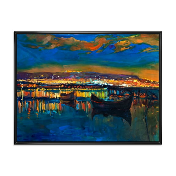 Designart 'Two Little Boats In The VIllage Harbor Ar Night' Nautical & Coastal Framed Canvas Wall Art Print