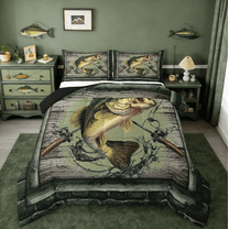 Manfei Pike Fish Full Size Comforter Sets,Fishing Hook Bedding Comforter Set,Rustic Farmhouse Cabin Bedding Sets For Teens,Microfiber Bedroom Decor Reversible,3 Pieces