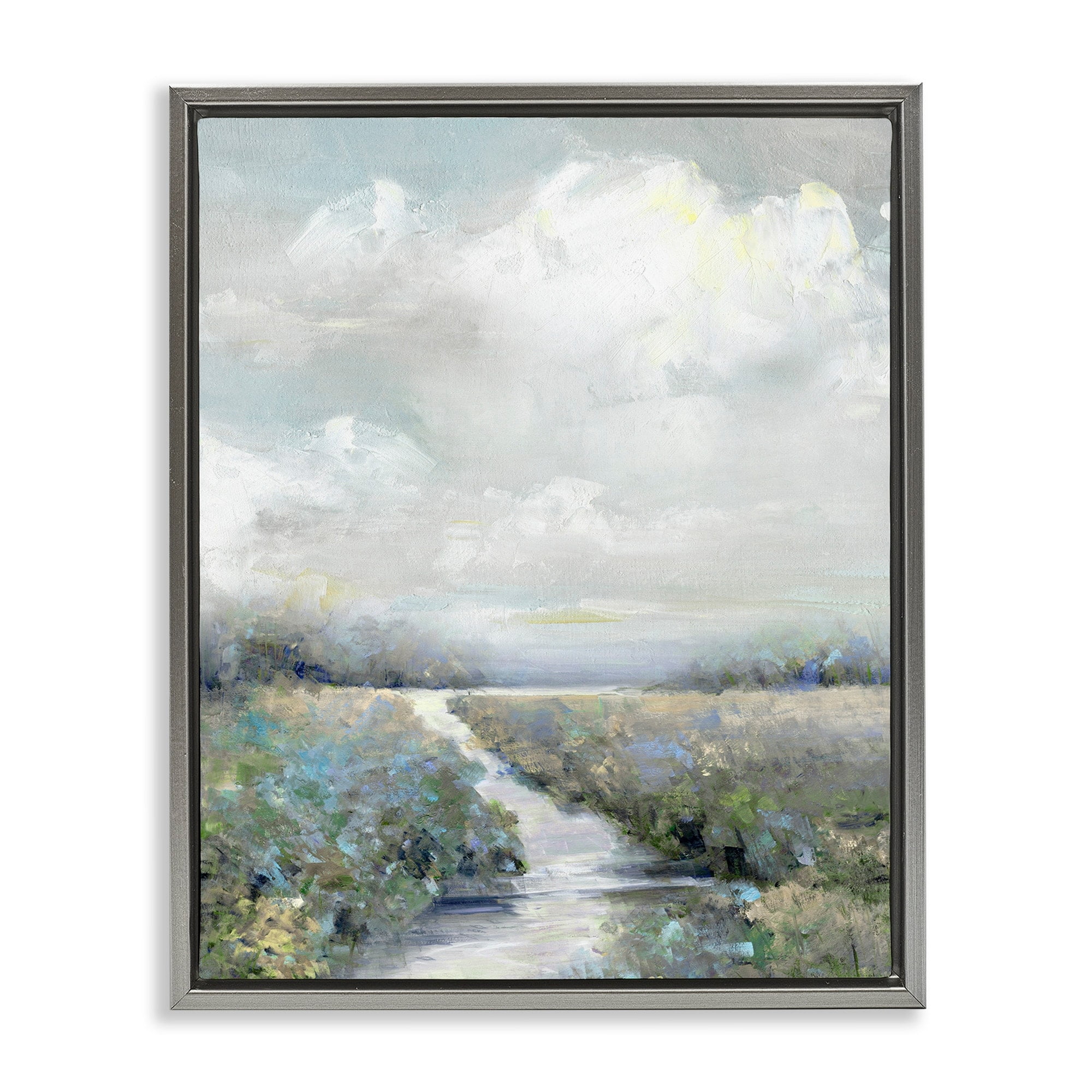 Stupell Industries Tranquil Flowers Blooming Meadow Path Puffy Clouds Painting Luster Gray Floating Framed Canvas Print Wall Art, Design by Sally Swatland
