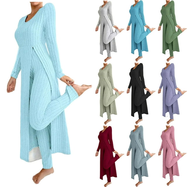 Yuyuzo Womens 2 Piece Outfits Ribbed Knit Lounge Sets Fall Casual Solid Color Stretch Long Tops Leggings Matching Outfits