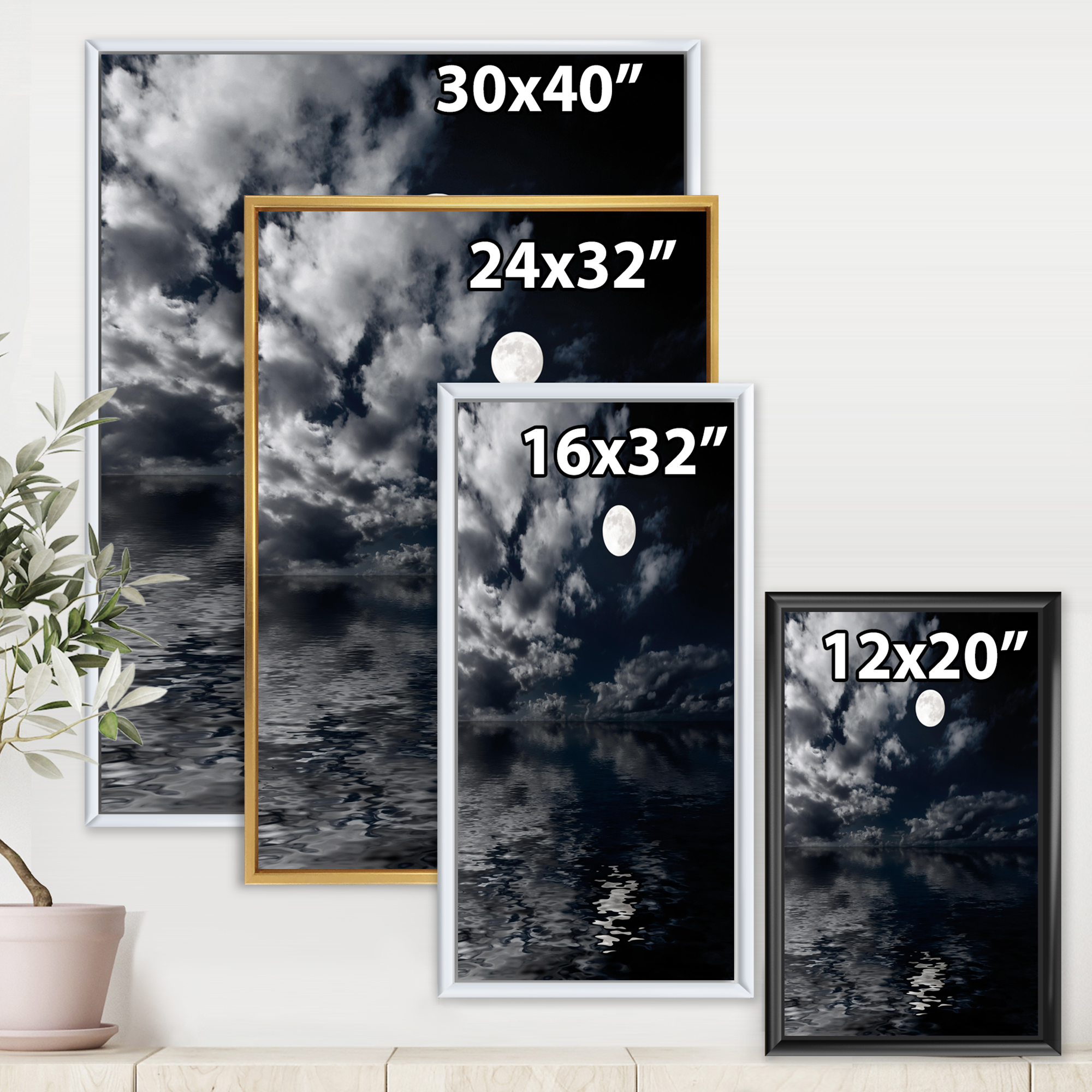Designart 'Full Moon Night in Cloudy Sky IV' Nautical & Coastal Framed Canvas Wall Art Print