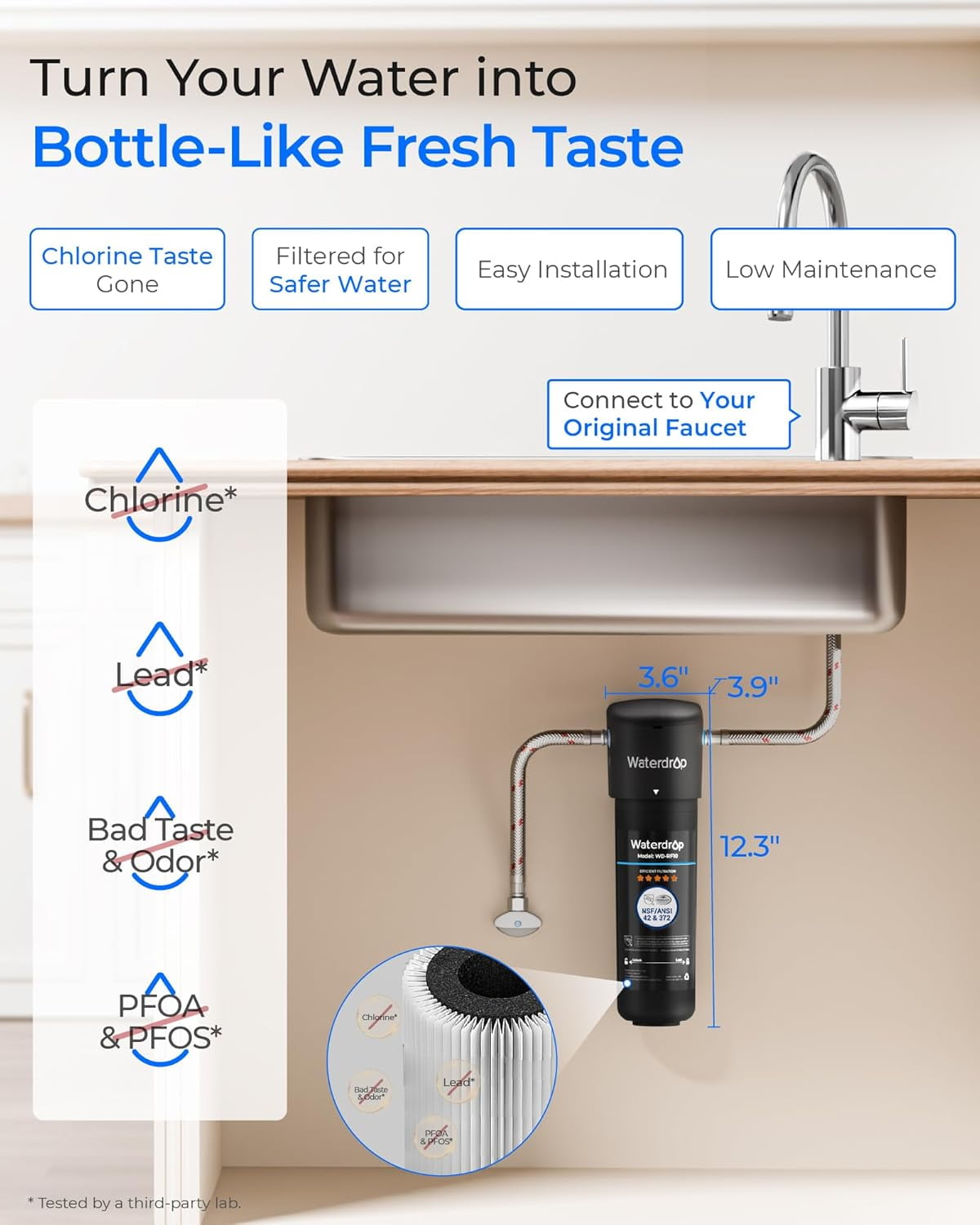 Waterdrop 10UA Under Sink Water Filter System, 8K Gallons High Chlorine Reduction Water Filtration System,Bad Taste & Odor, Under Counter Direct Connect to Kitchen Faucet