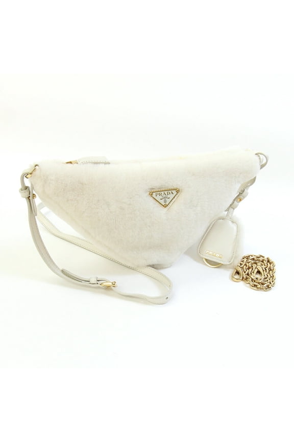 Pre-Owned Prada Shoulder Bag, Off-White, Fur, Leather, Crossbody, Triangle Chain Shoulder,...
