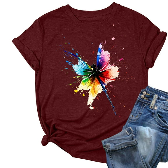 QQAMB T-Shirts for Women Plus Size Dragonfly Graphic Printed Summer Trendy Crewneck Short Sleeve Tee Tops Wine M