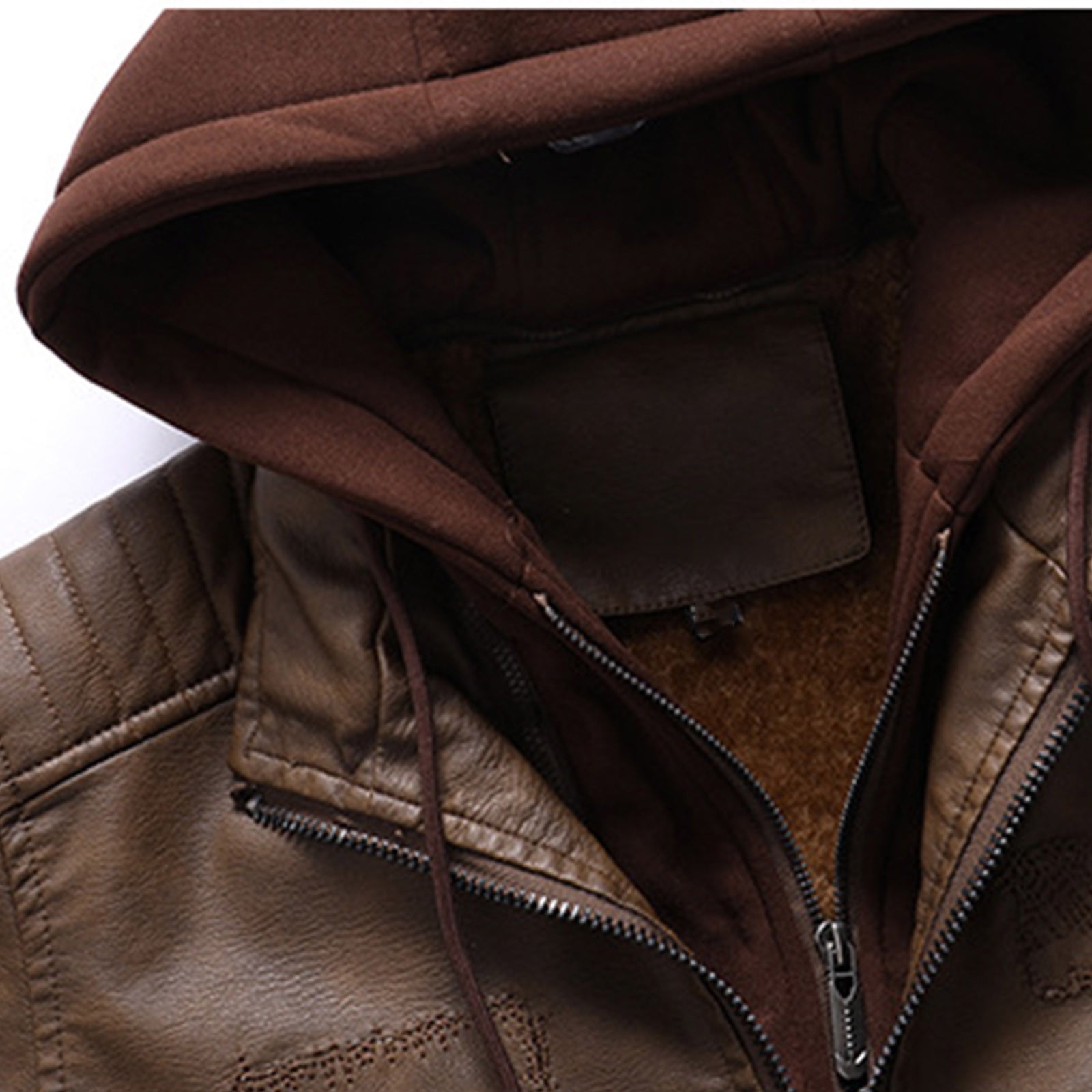 Xdegoge Thick Leather Jacket for Men Casual Keep Warm Jackets Full Zip Drawstring Hooded Coat with Pockets Classic Solid Color Coats Removeable Hood Outerwear Fall Winter Fashion Thermal Clothing
