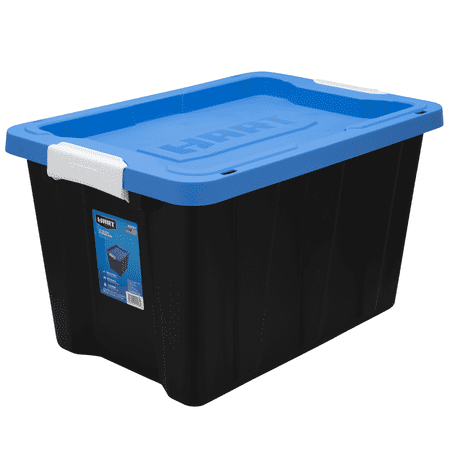 HART 12 Gallon Latching Plastic Storage Bin Container, Black with Blue Lid, Set of 4