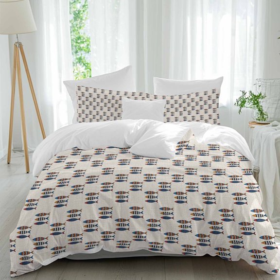 Duvet Cover Twin Size 3 Piece Bedding Set, Coastal Nautical Colorful Fish Soft Breathable Comforter Cover with 2 Pillow Shams, Vintage Linen Texture Luxury Duvet Covers with Zipper Closure
