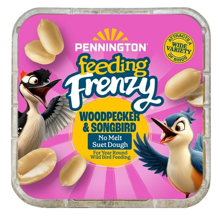 Pennington Feeding Frenzy No-Melt Suet Dough Woodpecker & Songbird Suet Cakes for Wild Birds, Wild Bird Food, 10 Oz. Cake, 1 Pack, Fresh