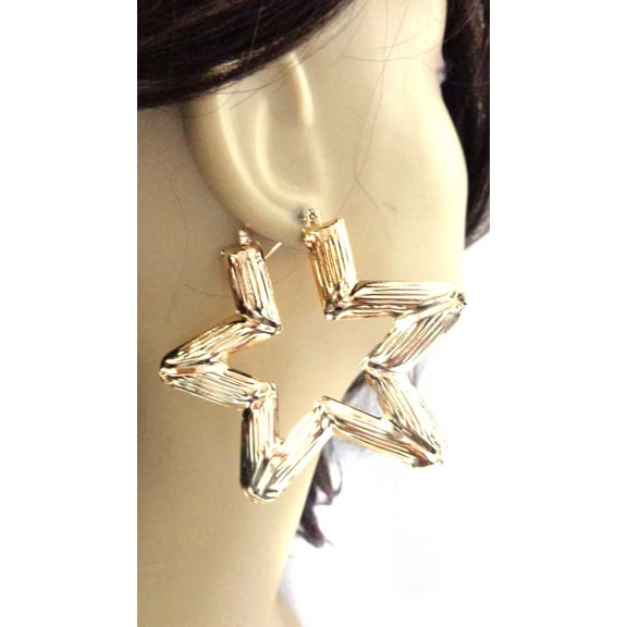 Star Bamboo Hoop Earrings Gold Tone Star Hoops 3.25 inch Puffy Earrings