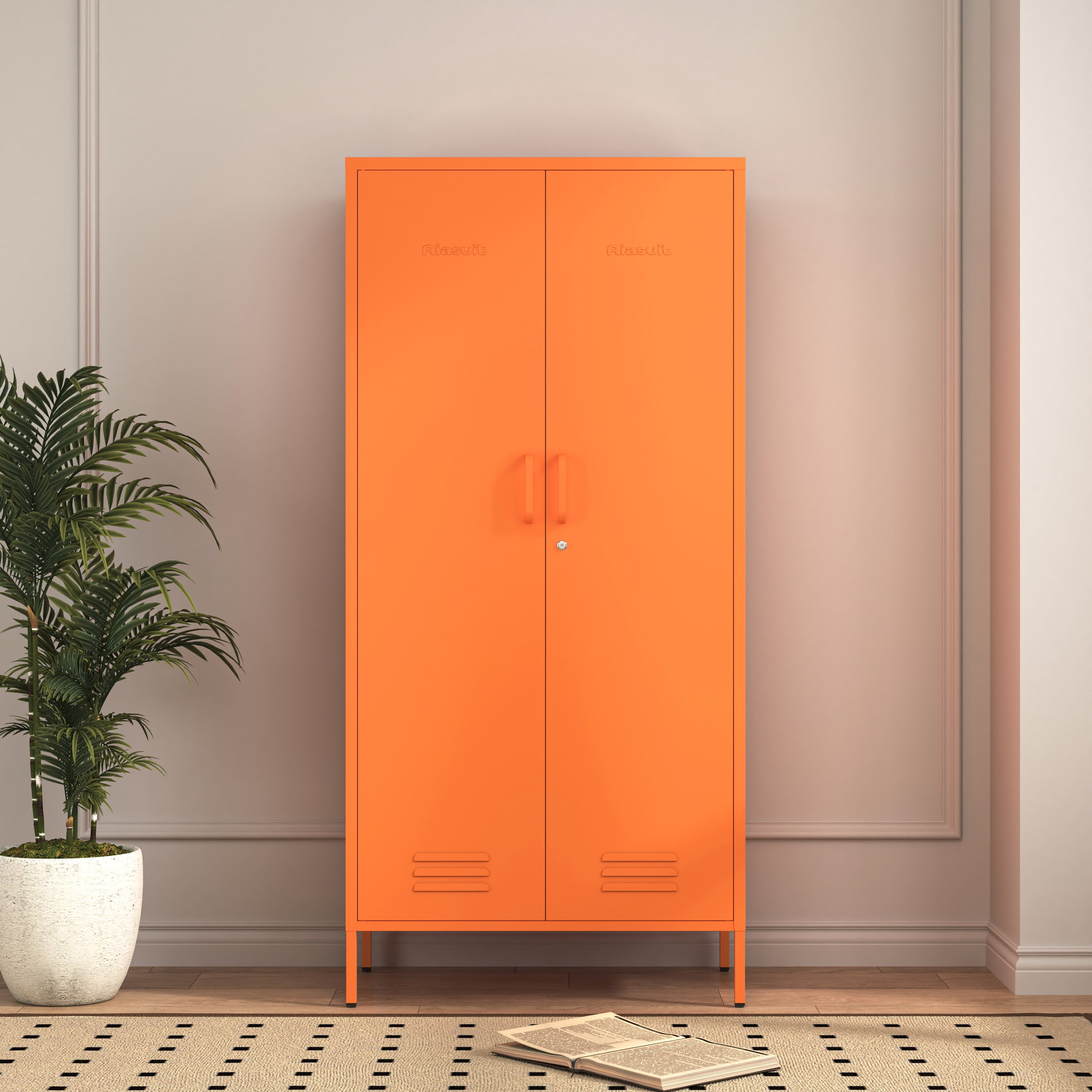 2 Door Wardrobe 67 Inch Orange Metal Storage Cabinet with Hanging