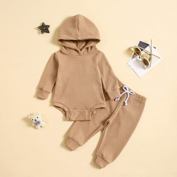Lilgiuy Baby Boy Girl Clothes Outfits Casual Solid Color Knit Ribbed Long Sleeve Pullover Hoodied Sweatshirts Drawstring Pants Newborn Winter Warm Set Holiday Gifts Khaki(0-24Months)