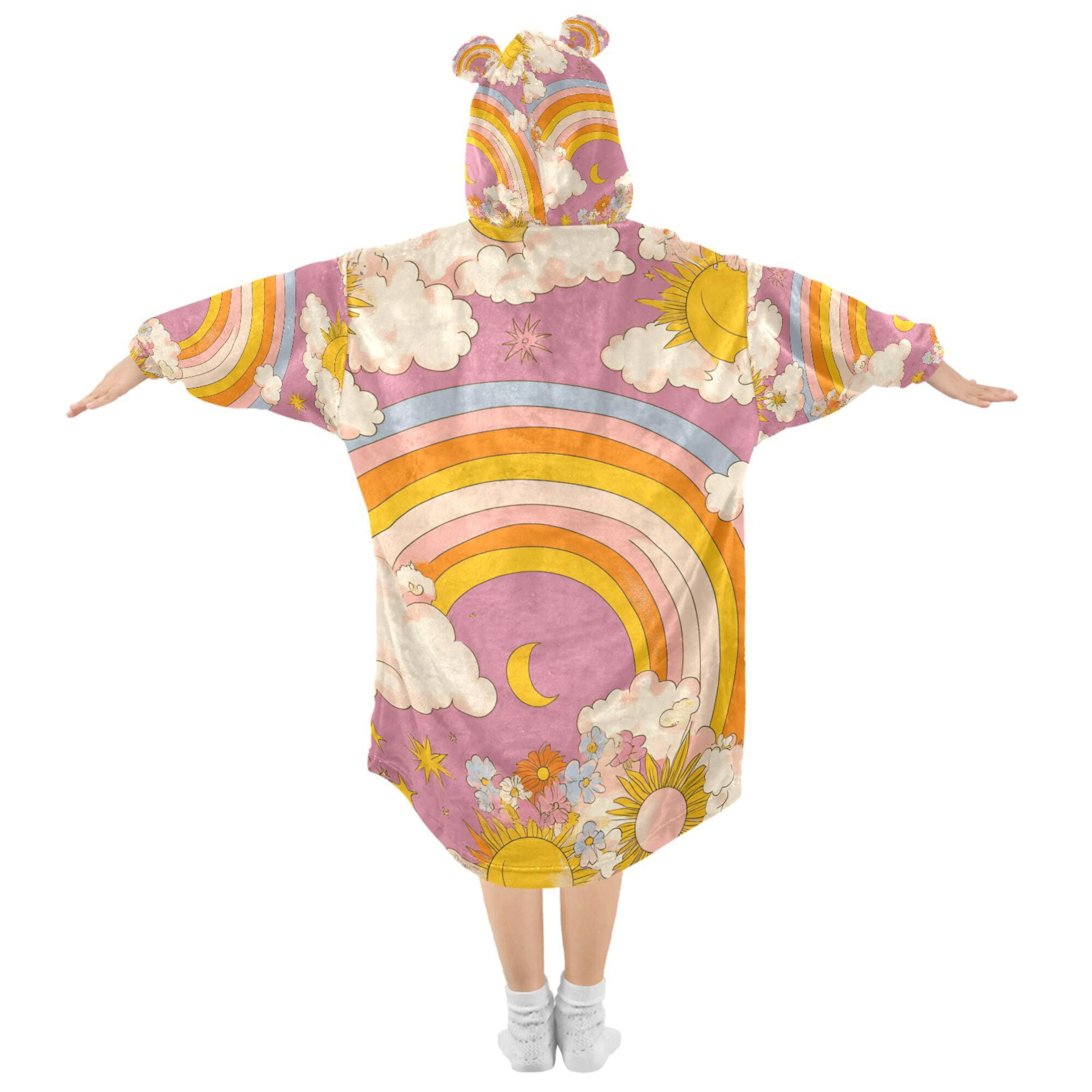 FORMRS Wearable Blanket Hoodie with Sleeves for Kids Cozy Flannel Sweatshirt, Purple Retro Rainbow