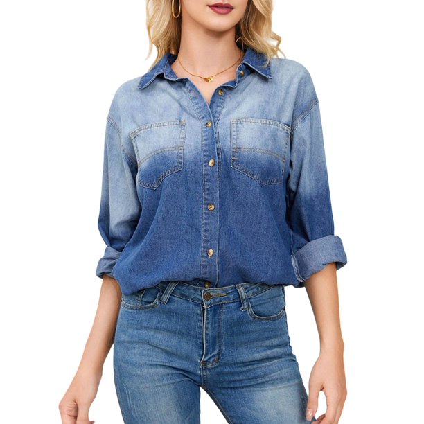 Camisa Vaquera con Botones para Mujer, Solapa en Degradado, Larga y Bolsillo Azul L