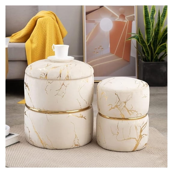 Round Storage Ottoman Set of 2, Modern Luxury Stamping Vanity Stool Chairs Coffee Table, Upholstered Foot Rest for Living Room, Bedroom,
