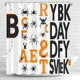 thumbnail image 1 of Whimsical Halloween Shower Curtain with Spiders & Spiderwebs - Bold Black Lettering on White Background, 1 of 4