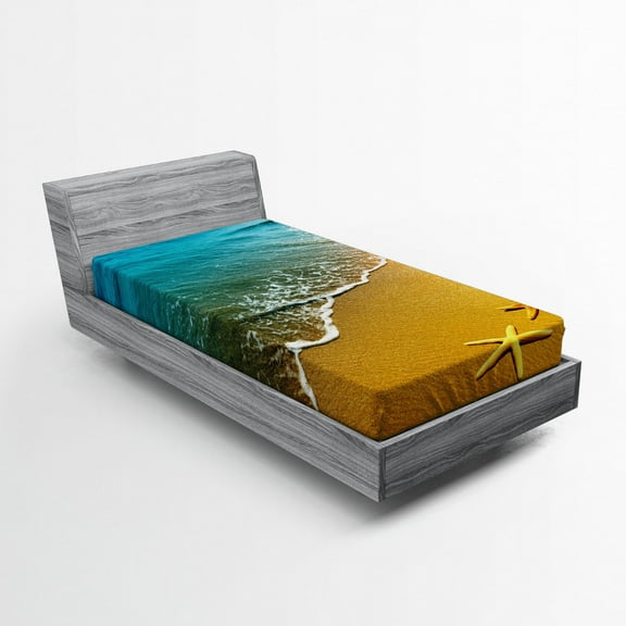 Ambesonne Scenery Fitted Sheet, Caribbean Ocean, Twin XL Size, Pale Blue and Marigold