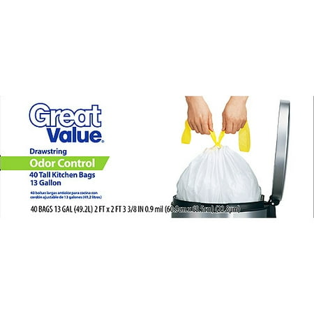 Great Value Odor Control Drawstring 13 Gallon Trash Bag, 28 ct