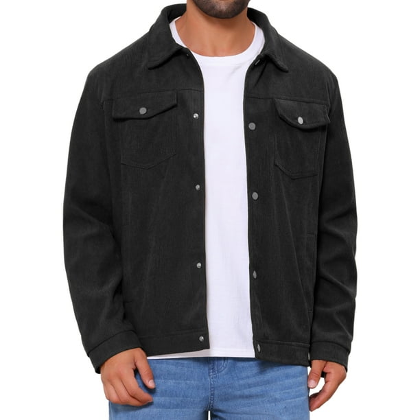 CHAQUETA DE TRUCKER DE CORDUROY PARA HOMBRE INSPIRADA EN CHIC, DE COLOR SÓLIDO, CON MANGAS LARGAS, BOTONES Y BOLSILLOS, TAMAÑO M, NEGRO