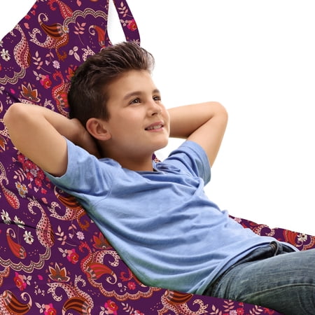 Floral Lounger Chair Bag  Botanical Art of Ethnic Paisley Like Formations and Garden Flowers  High Capacity Storage with Handle Container  Lounger Size  Purple and Dark Coral  by Ambesonne