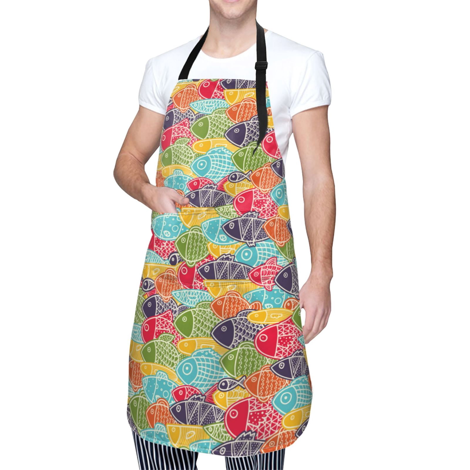 Vsdgher Colorful Fish 2 Waterproof Apron with 2 Pockets Kitchen Chef Aprons Bibs for Grooming Cooking Baking Painting Gardening