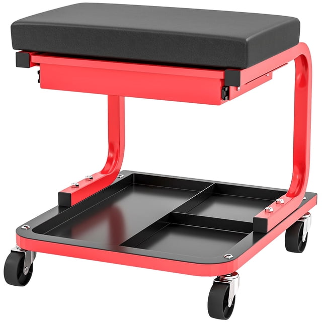 Tabouret Roulant de Mécanicien avec Rangement - Tabouret de Garage Noir / Capacité de 300 Lb, Hauteur Réglable, Roulettes Pivotantes / Atelier, Réparation Automobile, Amélioration de la Maison