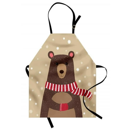 Doodle Apron Cute Bear Wearing Red Scarf under Snow Winter Cold Weather Kids Playroom Print, Unisex Kitchen Bib Apron with Adjustable Neck for Cooking Baking Gardening, Brown Sand Brown, by