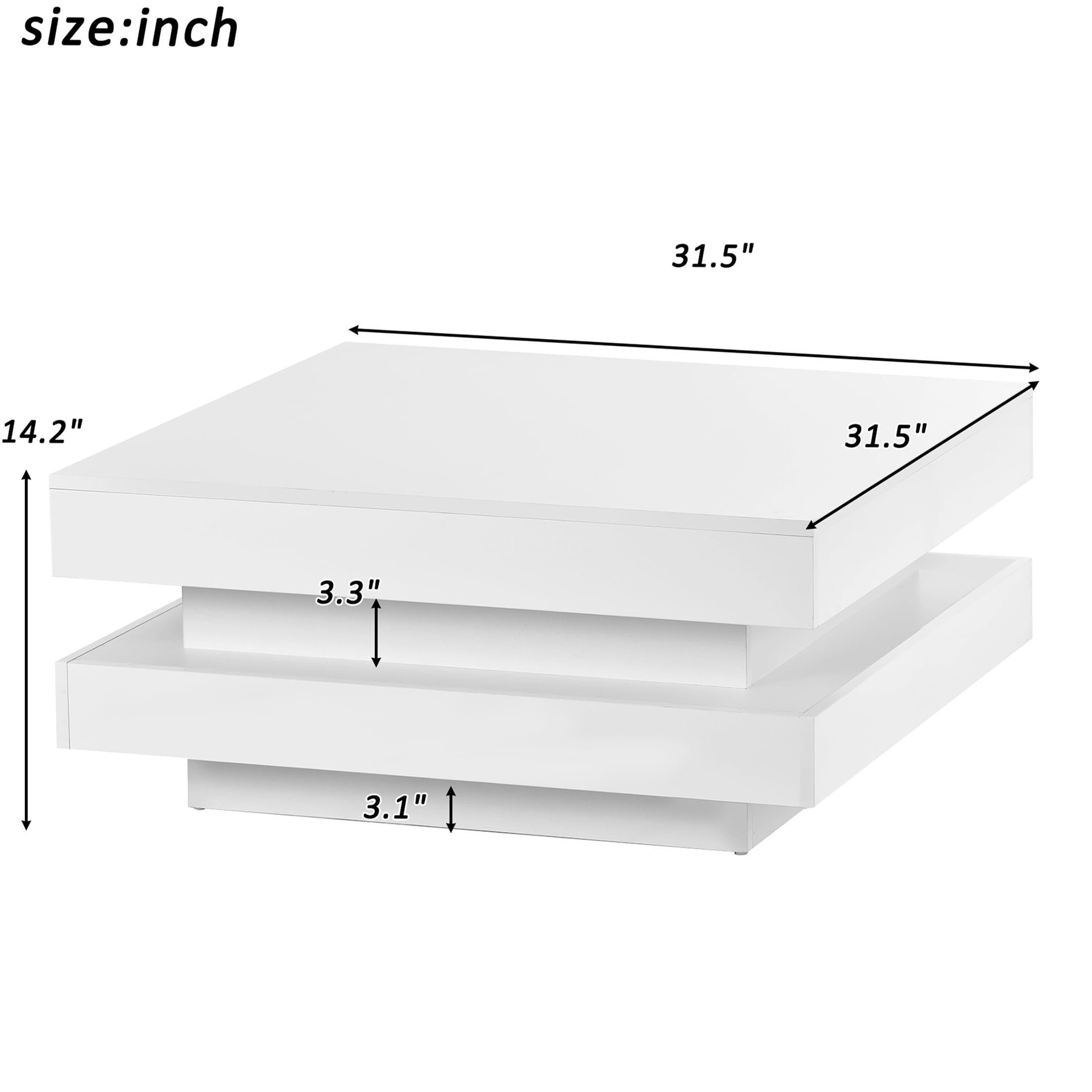 JERFIT 31.5 inch Modern LED Coffee Table with Lights, 2-Tier Square Center Table with High Gloss Waterproof Top, Sturdy Particle Board Design for Living Room, White