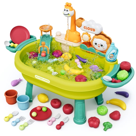 Kids Sand & Water Table Toys for Toddlers, Kids Water Park Play Kitchen Sink with Running Water,Giraffe Electric Faucet,Water Rolling Game,Detachable Legs Toddler Summer Toy for Boys Girls