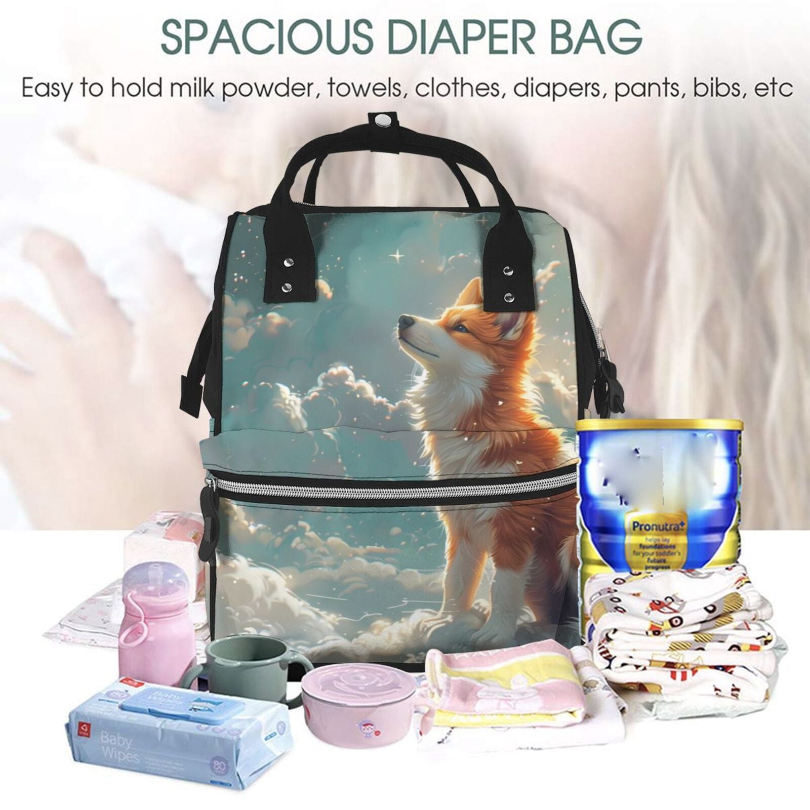 Fuzoiu Starry Sky Cloud Fox Print Diaper Bag Backpack,Baby Essentials Travel Tote,Multi function Waterproof Diaper Bag, Travel Essentials Baby Bag - Unisex