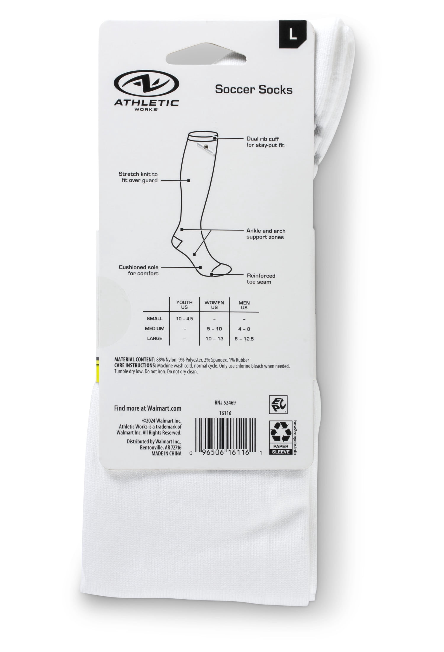 Athletics Works Soccer Socks, 2 pack White Unisex, Medium Women's 5-10