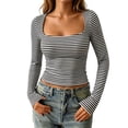 thumbnail image 3 of Arlun Striped Long Sleeve T Shirts for Women Square Neck Stretchy Tight Cropped Tops Casual Going out Basic Tee Lightweight Soft Comfort Versatile for Daily Wear 1-Black XS, 3 of 5