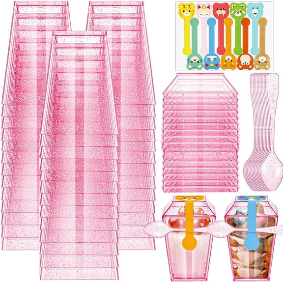 100 Pack 5oz Pink Glitter Plastic Dessert Cups with Lids and Spoons Mini Clear Yogurt Parfait Appetizer Cups Disposable Square Serving Bowl for Summer Wedding Baby Shower Fruit Pudding Mousse
