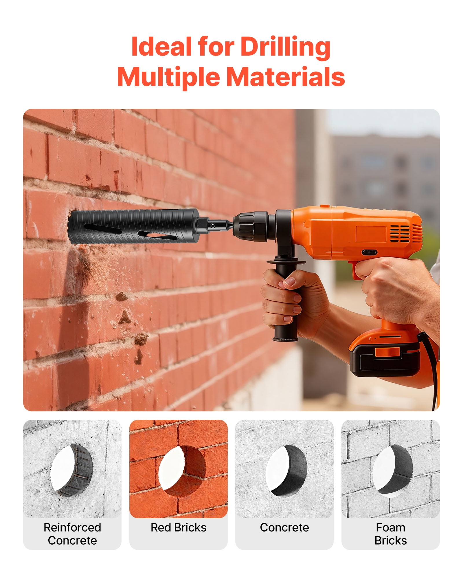 VEVOR Core Drill Bit, 2-1/2 inch Diameter, 9-1/2 inch Drilling Depth, 5/8-11 Internal Thread, Diamond Dry Coring Bit with 3 Adapters, Pilot Drill and Hex Wrench, for Concrete, Red Bricks, and Masonry