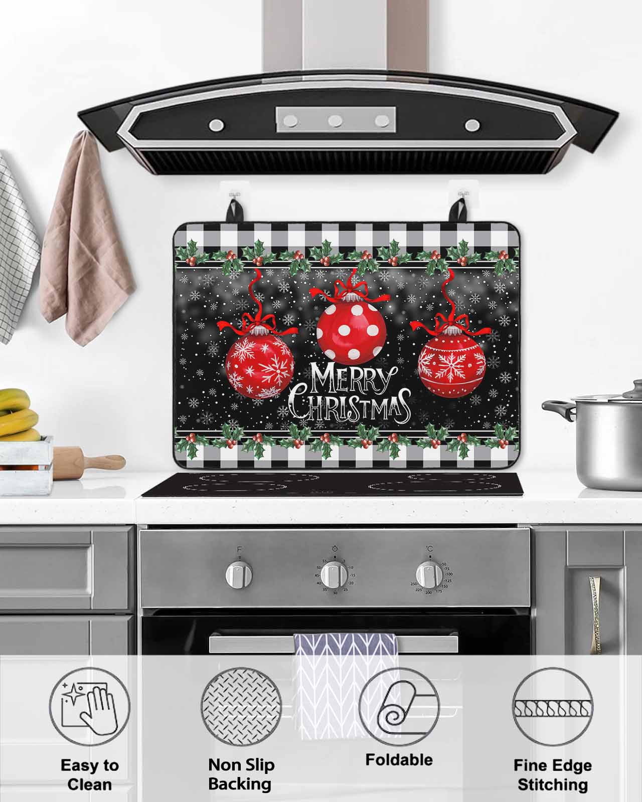 Large Induction Cooktop Protector Mat Merry Christmas Stove Top Covers for Electric Stove, Red Xmas Balls Snowflake Black Plaid Decorative Stove Burner Cover Mats, Glass Top Stove Cover