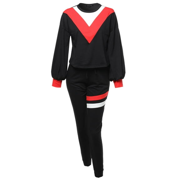 FashionOutfit Women's Stylish Ballon Sleeve Color Block Top & Varsity Stripes Jogger Pants Set