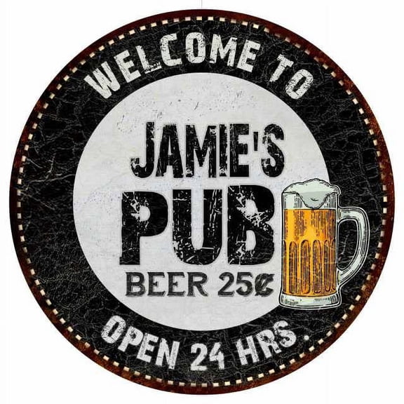Jamie's Pub 14" Round Metal Sign Beer Bar Black Wall Decor Gift 100140039181