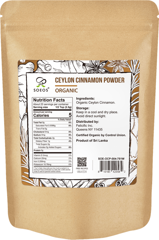 Soeos Organic Ceylon Cinnamon Powder, Grade 1, 2oz (56g), 2 Pack