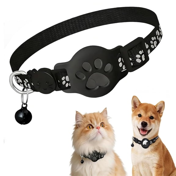 MJSHUN Airtag Cat Collar Breakaway, Reflective Kitten Collar with Apple Air Tag Holder and1 Bell for Girl Boy Cats, High Visibility Night Strip, Adjustable Nylon Collar and Lightweight