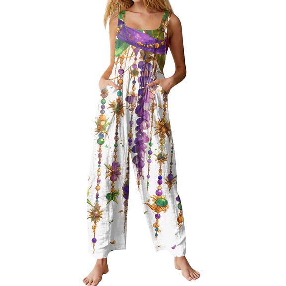 Fgvctg Mardi Gras Women's Jumpsuits Wide Leg Pant Parade Overall Mask Print Sleeveless Carnival Party Spaghetti Straps Jumpsuit Rompers Bib Overalls Oversized Sprimg Pant With Pockets Purple XXL