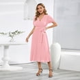 thumbnail image 2 of SWSMCLT Women's Short Sleeve High Waist Ruched Long Dresses Fall Dress V Neck Fitted Fashion Spring Sundress Pink Large, 2 of 4