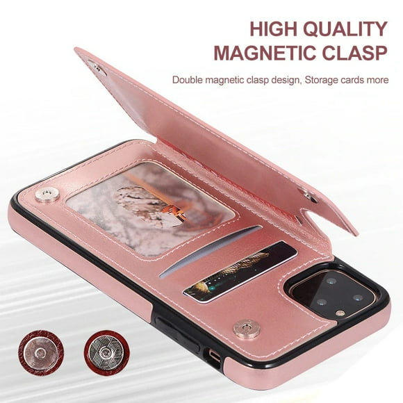 Leather Flip Wallet Case Card Holder Phone Back Cover for iPhone 12 (Pink)