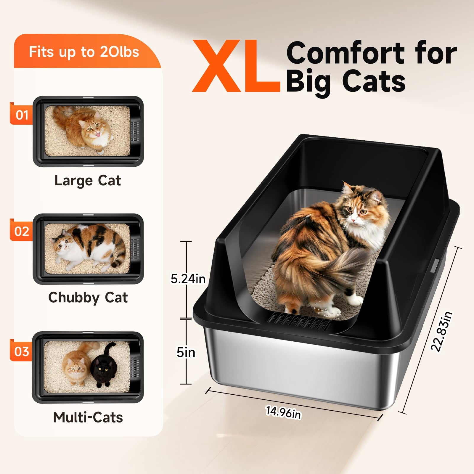 2 Pack Extra Large Stainless Steel Cat Litter Boxes with High Sides, Includes 2 Scoops