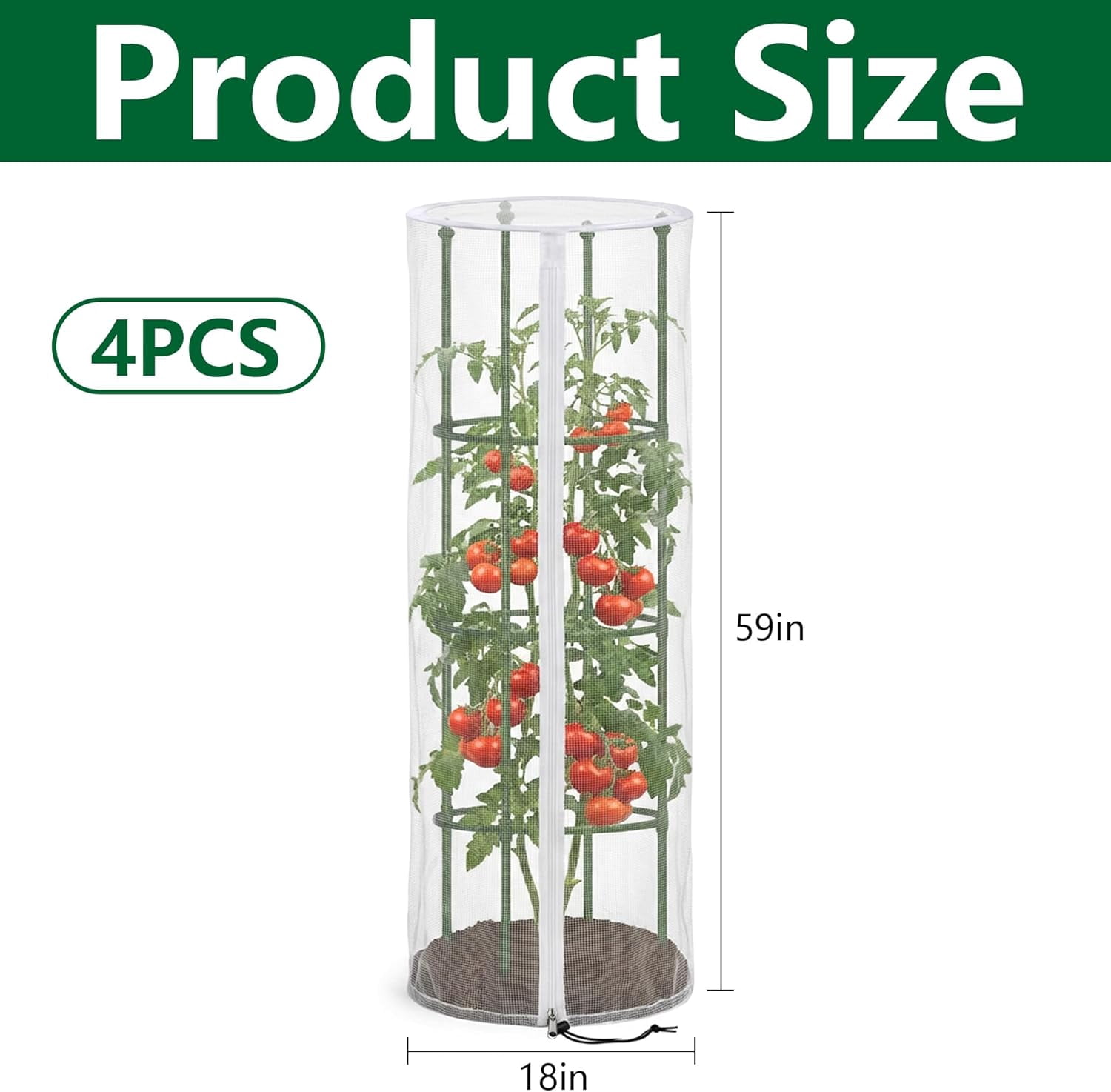 4 Pcs Garden Bird Netting, 59"x18" Tomato Cage Cover with Zipper for Climbing Plants